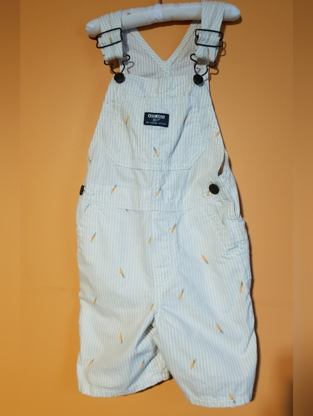 OshKosh B'gosh White and Cream Striped Kids Overalls with Carrot Embroidery 4T